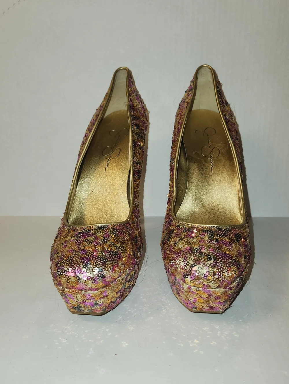 Jessica Simpson Devin 2 Pink Rose Gold Sequin Platform High Heel Pumps 8 EUC